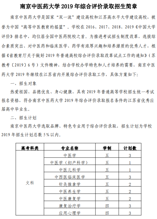 南京中医药大学2019年综合评价录取招生简章(图1) 南京中医药大学2019年综合评价录取招生简章(图1)